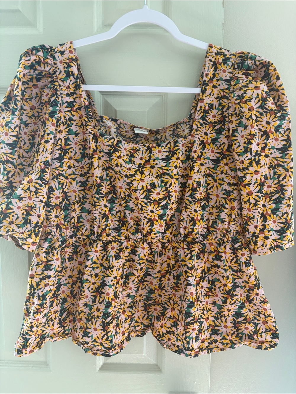 Melrose and Market Pink and Yellow Floral Puff-Sleeve Peplum Top